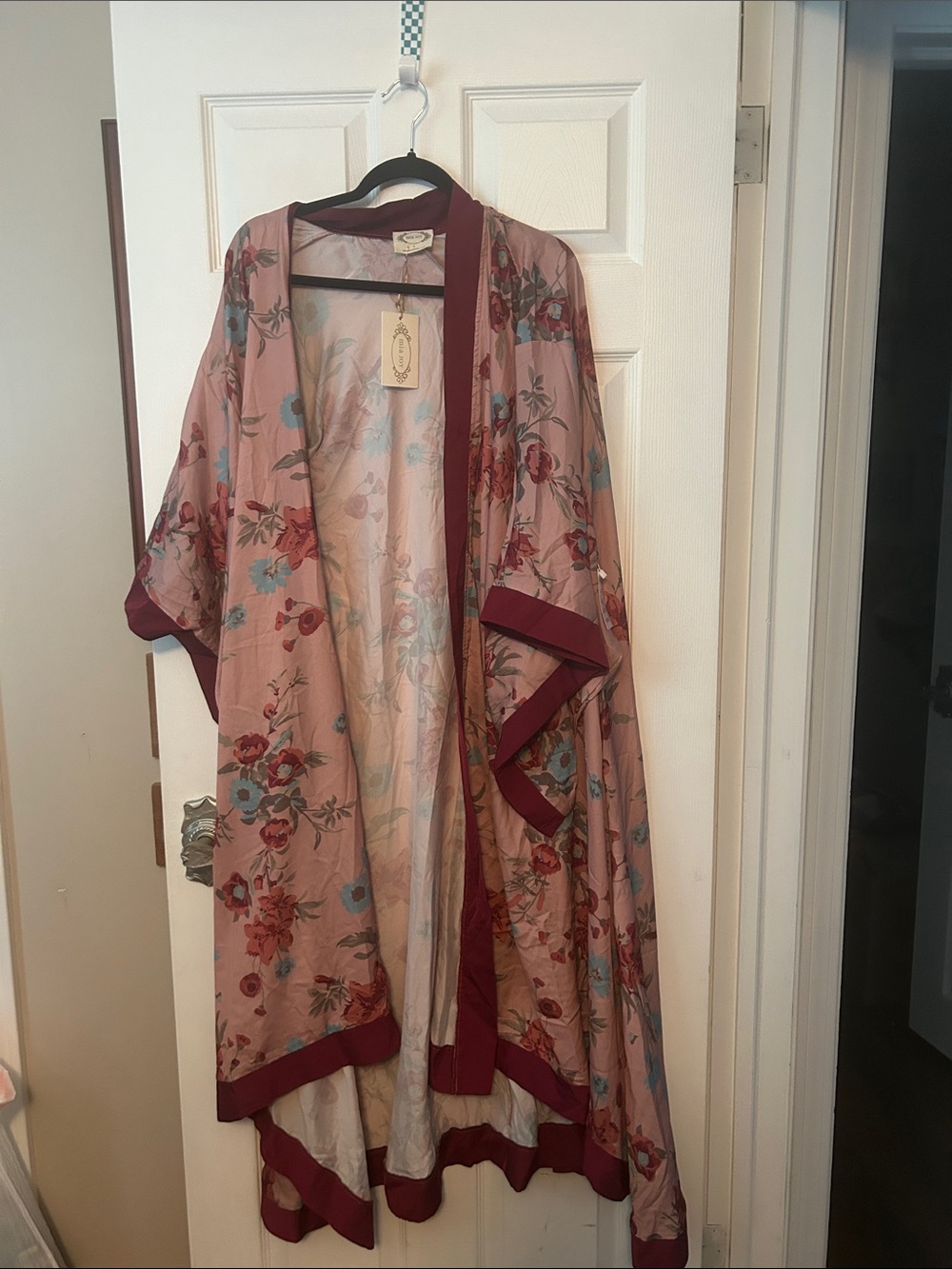 Floral Pink Kimono Jacket with Burgundy Trim